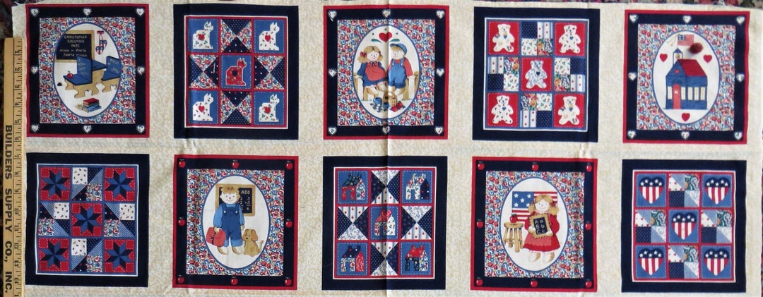 Patriotic Quilt Blocks Fabric Panel, 10 Printed Squares, Country Rustic ...