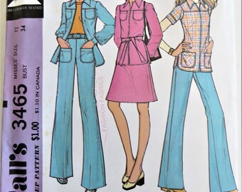 McCall's 3465 vintage 70s Pantsuit and Skirt, Wide Leg pants, Yoke Jacket, Patch Pockets, Side Zipper Pants, vintage Size 12 Bust 34, uncut