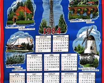 1984 Australia Souvenir Calendar Towel, Kitchen Towel, Vintage Cotton Tea Towel, Australian Towel, Blue and Red Screenprinted, Unused