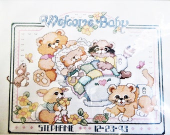 Baby Birth Counted Cross Stitch Kit, Bucilla 40781, Welcome Baby Birth Record, 14 x 11, Teddy Bears Cat Raccoon Bunny, May Be Personalized