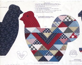 Patchwork Chicken and Egg Basket Fabric Panel, to Cut Sew and Stuff Navy Blue Red Calico Prints Soft Stuffed Pillow, Vintage Cranston cotton