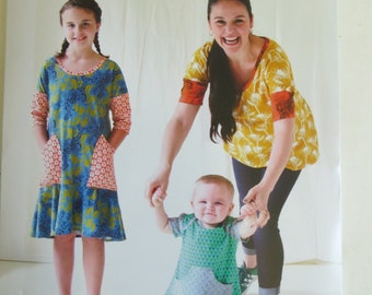 Anna Maria Lemon Dress and Tunic Top Pattern, For Jersey Knits, Loose Fitting for Women Girls Toddlers, All sizes, uncut paper pattern