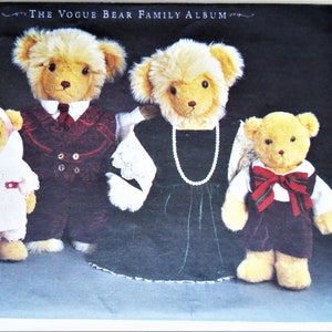 May include: A sewing pattern for four teddy bears, featuring a family of bears dressed in different outfits. The pattern is titled "The Vogue Bear Family Album" and is designed by Linda Carr.