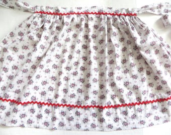 Vintage 50s Apron, Tiny Floral Print Cotton, Red Rick Rack, Handmade