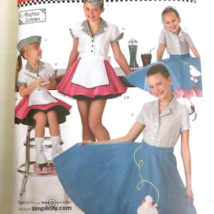 Simplicity 3836, 50s Style Costumes Pattern, for Poodle Skirt, Petticoat, Waitress, Girl sizes 3 4 5 6