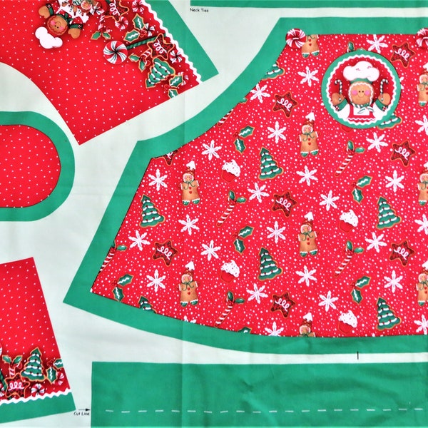 Christmas Apron Fabric Panel, to Sew Gingerbread Bake Shop Flounce Full Apron, Lainey Daniels Springs CP 33136 Red and Green Holiday Cookies