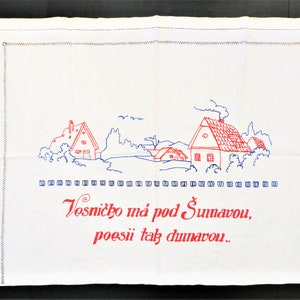 Czechoslovakia Souvenir Embroidered Fabric, Vesnicko pod Sumavou, Pillow Protector, Towel Tablecloth, Red Blue on White Cotton Kitchen Decor