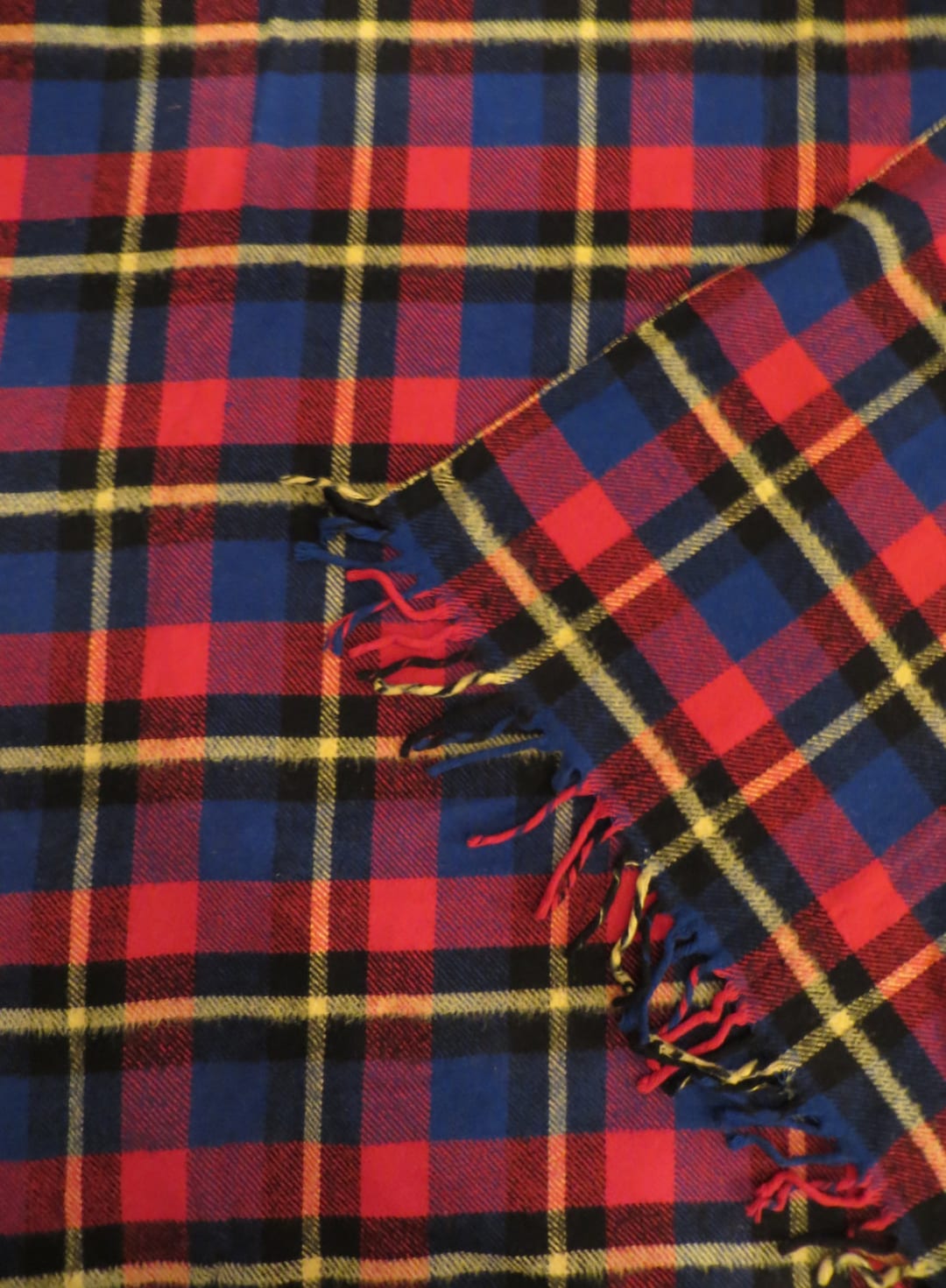 Wool Tartan Plaid Fringe Blanket Throw, Blue Red Yellow Black, Bright