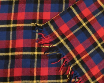 Vintage Fall Plaid Blanket With Fringe Red Yellow Black Wool 52" 