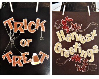 Halloween Thanksgiving Reversible Wallhanging Pattern, Trick or Treat and Harvest Greetings Quick No Sew Happy Hollow Designs 406 Fall Decor