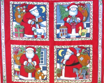 May include: A red fabric panel with four squares featuring Santa Claus in different scenes. Each square has a white border with a green holly pattern. The text "Merry Christmas" is repeated vertically on the left and right sides of the panel.