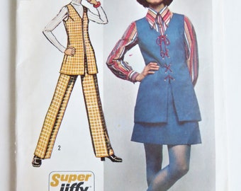 Simplicity 5075, 70s Tunic Vest, Pants Mini-Skirt Jiffy Pattern, Zipper Vest, Lace Up Vest, Elastic Waist, Size 10 Bust 32 in, uncut