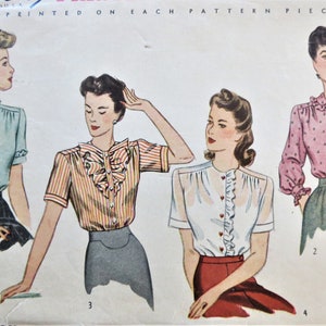 May include: Four vintage illustrations of women wearing different blouses with ruffled collars and short sleeves. The blouses are in various colors and patterns, including light blue, striped, white, and pink with white polka dots. The illustrations are from a vintage sewing pattern.