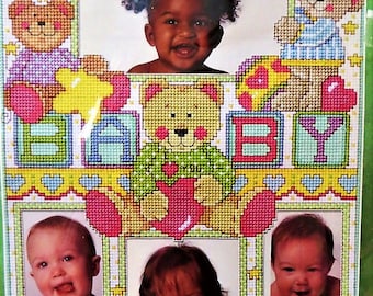 Bild Rahmen Counted Cross Stitch Kit, Photo Holder, Baby Bears, Janlynn 140 170, Holds 4 photos, Teddy Bears, Baby Gift