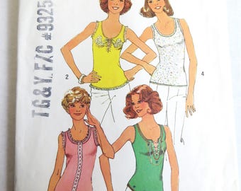 Simplicity 6976 Pattern, One Yard Tops for Stretch Knits, Vintage 70s Sleeveless Tank Tops, Embroidery Transfer, Size Small 8 10, uncut