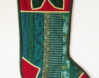 Hecho a mano acolchado Navidad media, verde rojo impreso telas oro trenza recortar, Holly Applique Calico impresión manto desentreza decoración 3