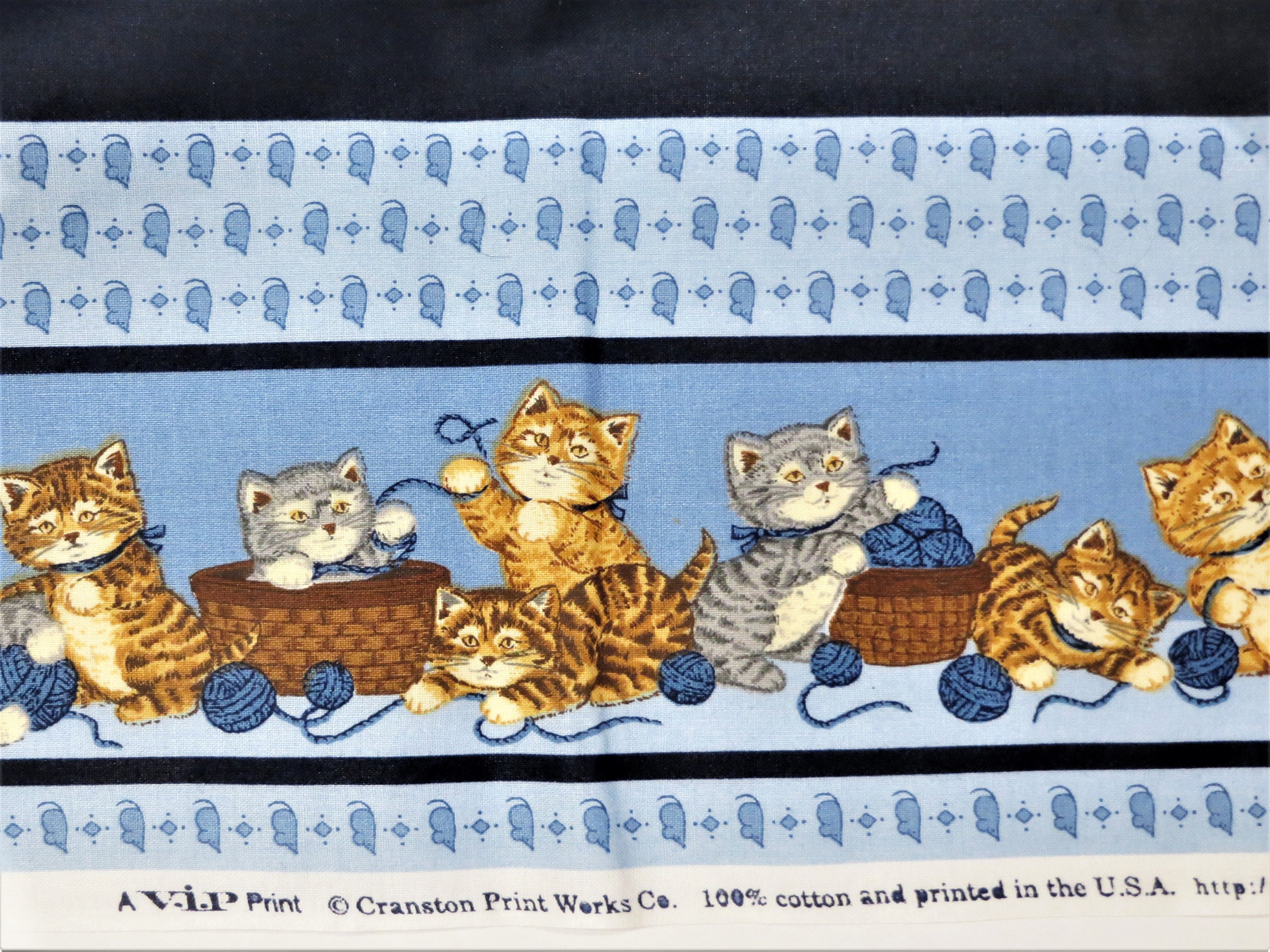 Fabric Panels Cats w Yarn Set of 4 Square 2 Designs Blue & Brown