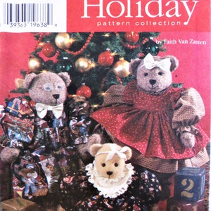 May include: Simplicity Holiday pattern collection sewing pattern for making three teddy bears. The pattern includes instructions for making a red and white polka dot teddy bear, a blue and white star print teddy bear, and a brown teddy bear with a white bow. The pattern is by Faith Van Zanten.