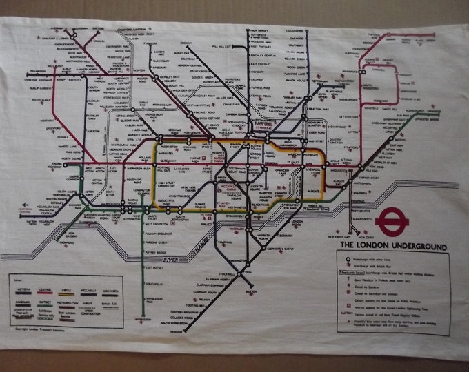 Vintage Cotton Tea Towel With London Underground Subway System. UK