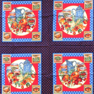 May include: A blue and white fabric with a repeating pattern of four squares. Each square features a red border and a blue and white checkered border. Inside each square is a circle with a blue and white pitcher, a variety of vegetables, and a few cans of food. The text "SPINACH" appears on the top of each square.