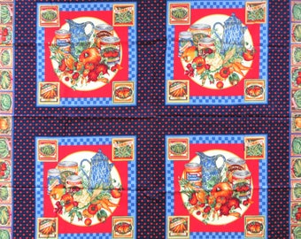Joan Messmore Gemüsegarten Kissen Stoff Panel, 4 Blöcke VIP Cranston, Rot Blau, Bauernhaus Country Baumwollstoff für Kissen Quilting