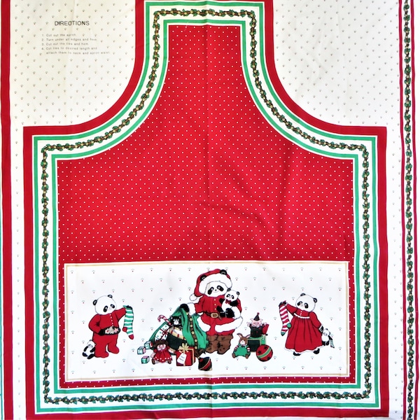 Christmas Apron Fabric Panel, Sandy's Small Wonder, Sew a Holiday Apron with Panda Family Toys, Vintage Manes Fabric, DIY Full Holiday Apron