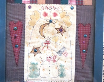 Meme's Quilts Pattern Nana's Quilt 094, Primitive Angel Snowman Trees Stars, Primitive Folk Art Small Wall Quilt, Whimsical Winter Holiday