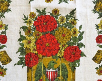 Parisian Prints Linen Tea Towel, Americana Eagle Drum and Flowers, Red Gold Green Kitchen Towel Retro Kitchen Decor Patriotic