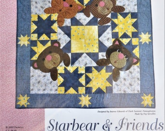 Star Bear and Friends Quilt Pattern, Teddy Bears 8 Pointed Stars 40 x 40" Wall Quilt Quiltmaker Collection, Parchwork Applique Nursery Decor