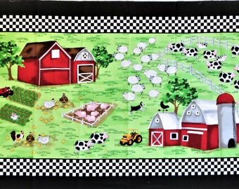 Farm Fabric Panel Timeless Treasures 5583, Quilting Cotton, Barns Cows Pigs Chickens Sheep, Country Rustic Farmhouse, 44 x 23