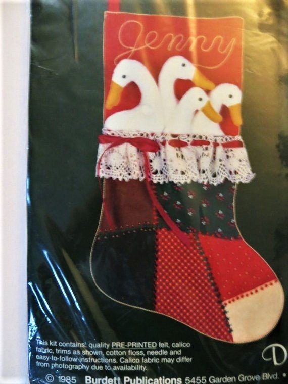 Christmas Goose Felt Stocking Kit, 16 inch Stocking to Personalize, Dale Burdett FK421, Felt Geese Lace Calico, Vintage Boho Holiday Decor