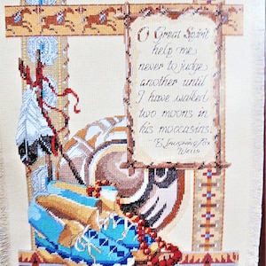 Walk In My Moccasins, Bucilla Counted Cross Stitch Kit 41690, 11 X 14, Nancy Rossi, Laughing Fox Wells Nativo Americano Oración Verso