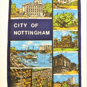 Nottingham England Tea Towel British Scenic Attractions, Robin Hood Irish Linen Kitchen Towel Made in Ireland, Souvenir of Britain UK Unused