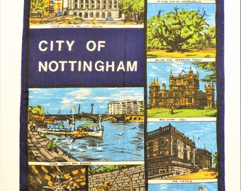 May include: A vintage tea towel featuring a blue background and colourful illustrations of landmarks in Nottingham, England. The text "City of Nottingham" is printed in white on a blue background. The illustrations include the Council House and City Square, Ye Olde Trip to Jerusalem Inn, Major Oak Sherwood Forest, Wollaton Hall, River Trent and Bridge, The Clock at the Victoria Centre, Robin Hood, and Castle Gate and Gardens.