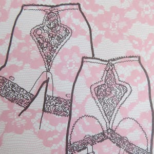 May include: Illustration of two vintage girdles in a pink and white lace pattern. The girdles are outlined in black, with intricate lace detailing on the front and edges. Each has garter straps.
