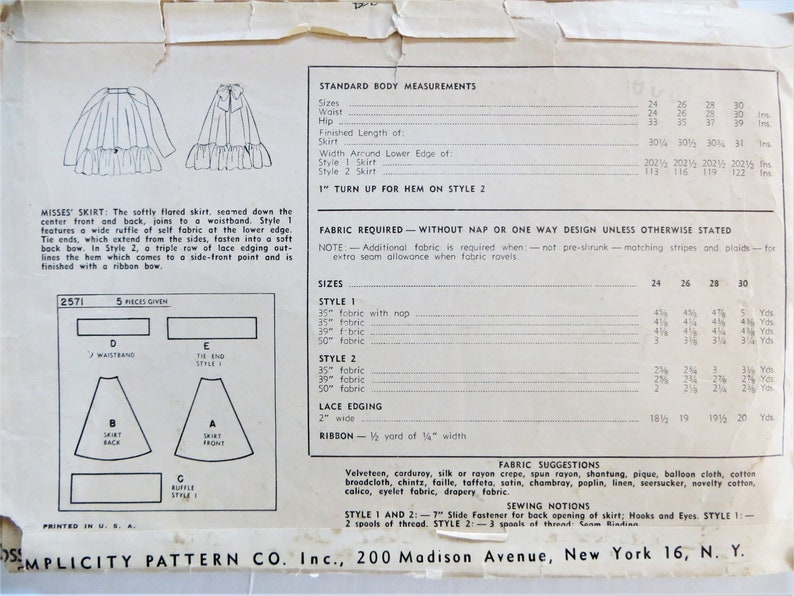 Simplicity 2571 Sewing Pattern, 40s Long Full Flared Waistband Skirt with Ruffle at Bottom Hem, Waist Ties for Big Bow, Waist size 24 Hip33 image 3