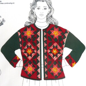 May include: Illustration of a jacket with a patchwork design. The jacket features a red and green pattern with yellow star accents. The sleeves are dark green, and the jacket is open in the front.