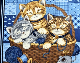 Kitty Cats Pillow Top Fabric Panel, 2 Large Blocks, Cranston VIP, Tabby Cats Yarn, Blue Colorway, Big Quilt Blocks