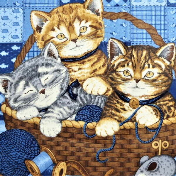 Kitty Cats Pillow Top Fabric Panel, 2 Large Blocks, Cranston VIP, Tabby Cats Yarn, Blue Colorway, Big Quilt Blocks