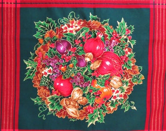 Joan Messmore Christmas Pillow Top Fabric Panel, 2 Large Blocks, Green Red Metallic Gold, Holly Wreaths Fruit Nuts, Cranston VIP Cotton