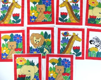 Zoo Animals Quilt Blocks, Jungle Friends, 10 Printed Blocks, Springs Ind, Red Borders, Zebra Elephant Giraffe Bear Lion, Vintage fabric