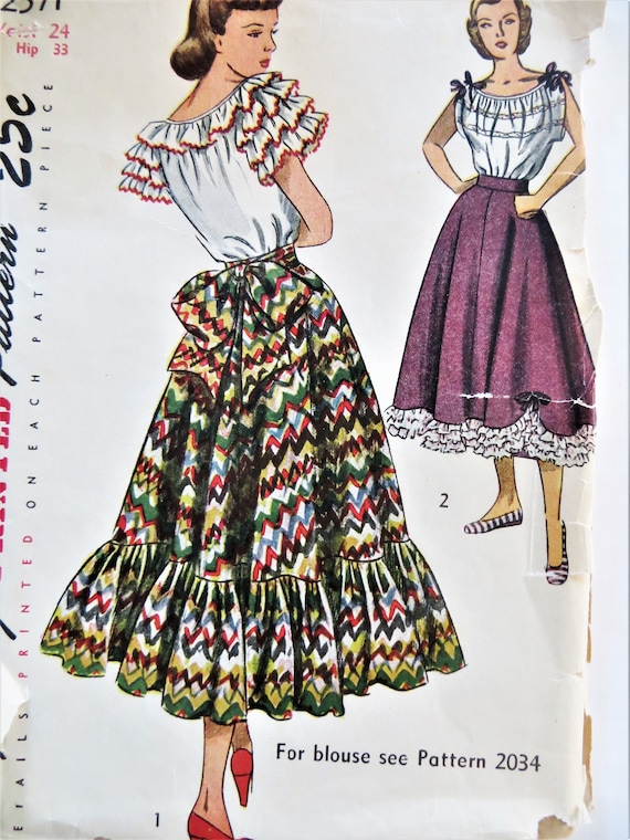 Simplicity 2571 Sewing Pattern, 40s Long Full Flared Waistband Skirt with Ruffle at Bottom Hem, Waist Ties for Big Bow, Waist size 24 Hip33
