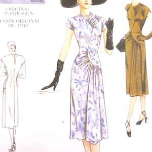 May include: Vintage fashion illustration featuring a woman in a floral print dress, wide-brimmed hat, and gloves. The design is from 1948, with additional sketches of dresses. The color palette includes shades of blue, white, and black.