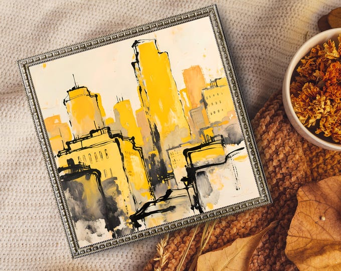 Abstract Yellow Cityscape Wall Art, Modern Urban Skyline Painting, Contemporary City Illustration, Digital Download Printable Art