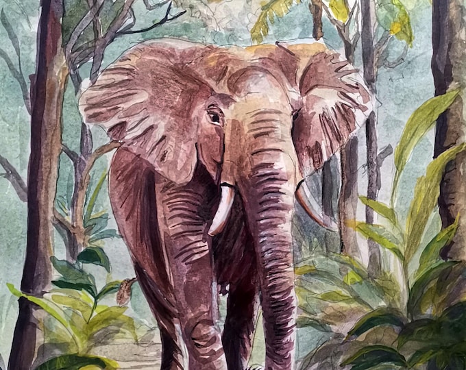 African Elephant Print, Wildlife Watercolor Painting for Tropical Home or Nursery Decor