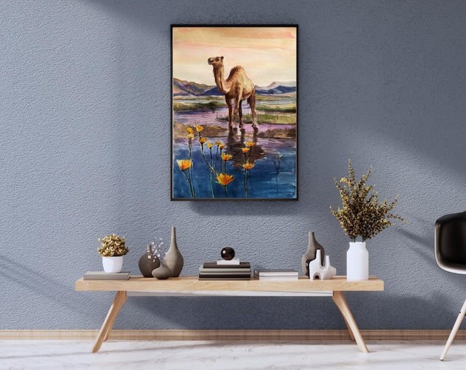 Majestic Camel at the Oasis – Desert Sunset Watercolor Art
