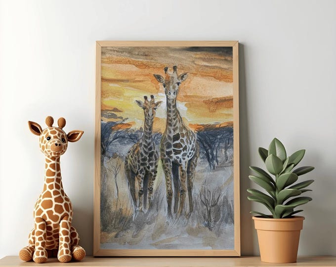 Watercolor Giraffe Painting Print | African Safari Wall Art | Wildlife Animal Art Decor | Sunset Landscape Illustration | Nature Home Decor