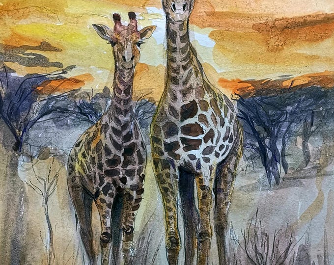 Watercolor Giraffe Painting Print | African Safari Wall Art | Wildlife Animal Art Decor | Sunset Landscape Illustration | Nature Home Decor