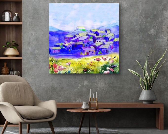 Printable Watercolor Village Wall Art, Colorful Countryside Landscape Painting, Rustic Home Decor, Digital Download