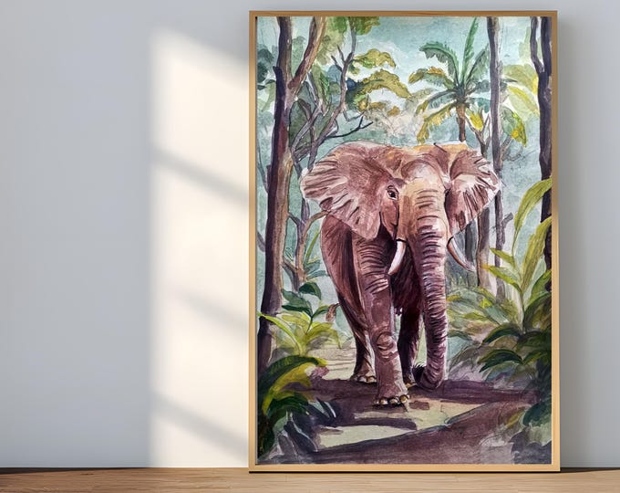 African Elephant Print, Wildlife Watercolor Painting, Safari Animal Art for Tropical Home or Nursery Decor